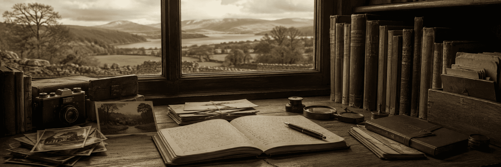 An archive reading room with a wooden table holding old photographs, a closed notebook and a hard drive beneath soft daylight from a window overlooking distant hills.