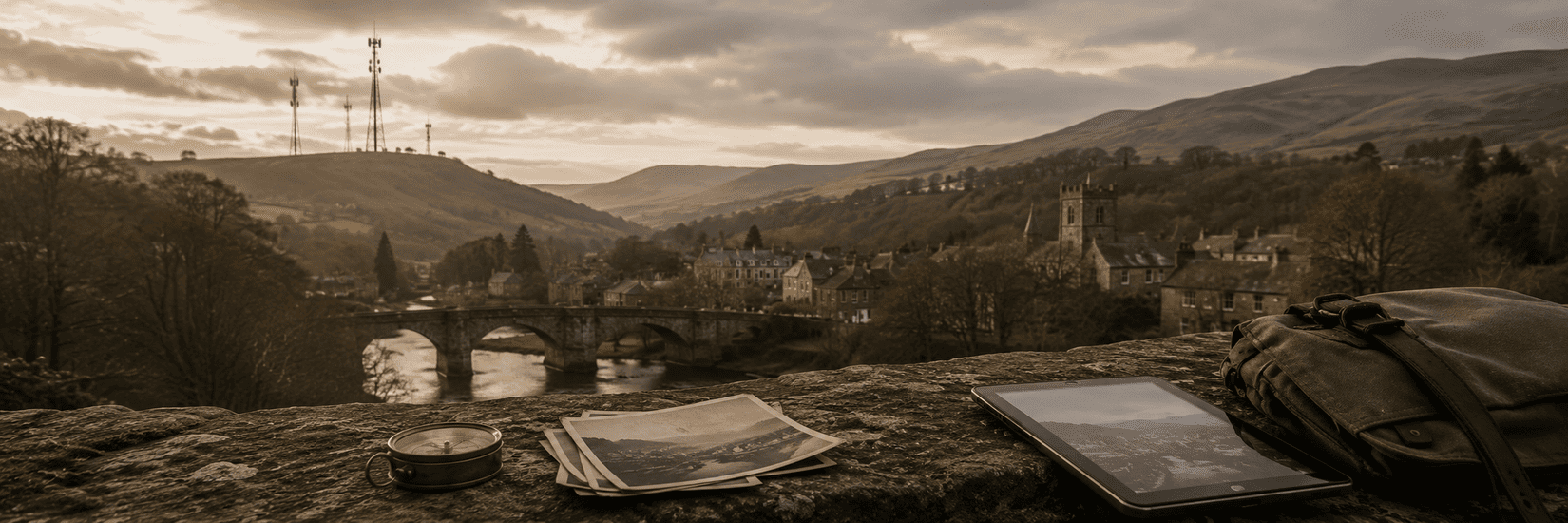 Historic stone village and arched bridge in a misty valley, with modern communication masts on the hills and old photographs, a tablet and travel bag on a moss-covered stone ledge.