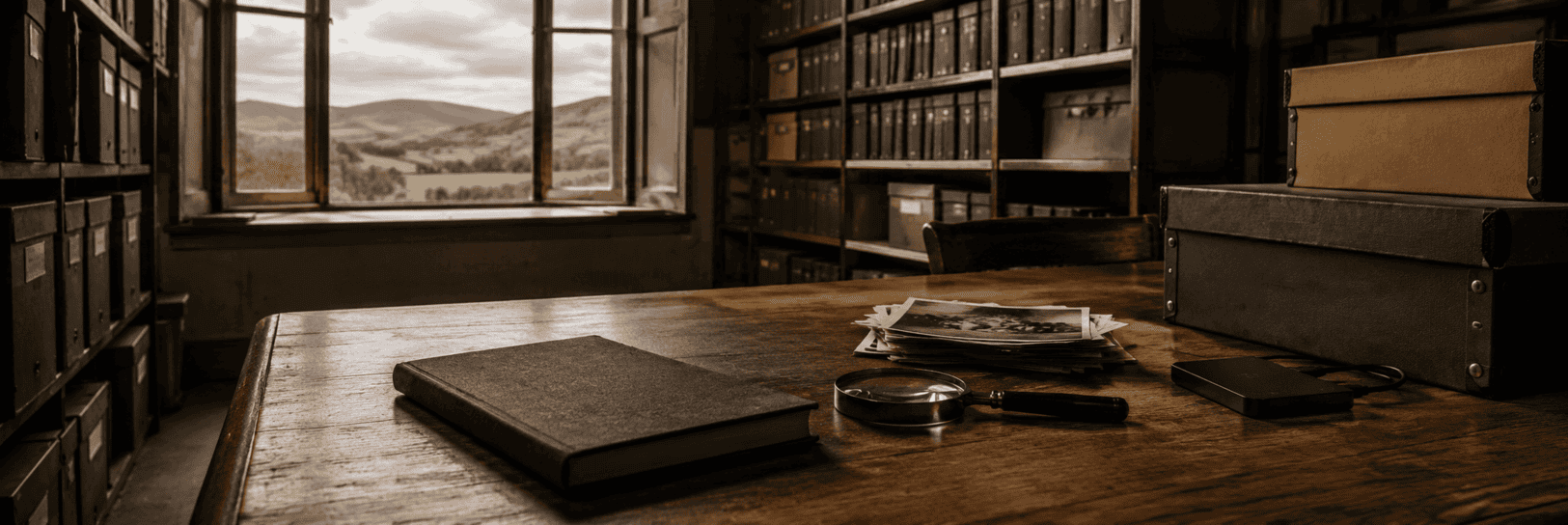 An archive reading room with a wooden table holding old photographs, a closed notebook and a hard drive beneath soft daylight from a window overlooking distant hills.