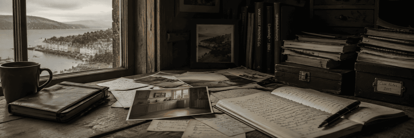 An archive reading room with a wooden table holding old photographs, a closed notebook and a hard drive beneath soft daylight from a window overlooking distant hills.