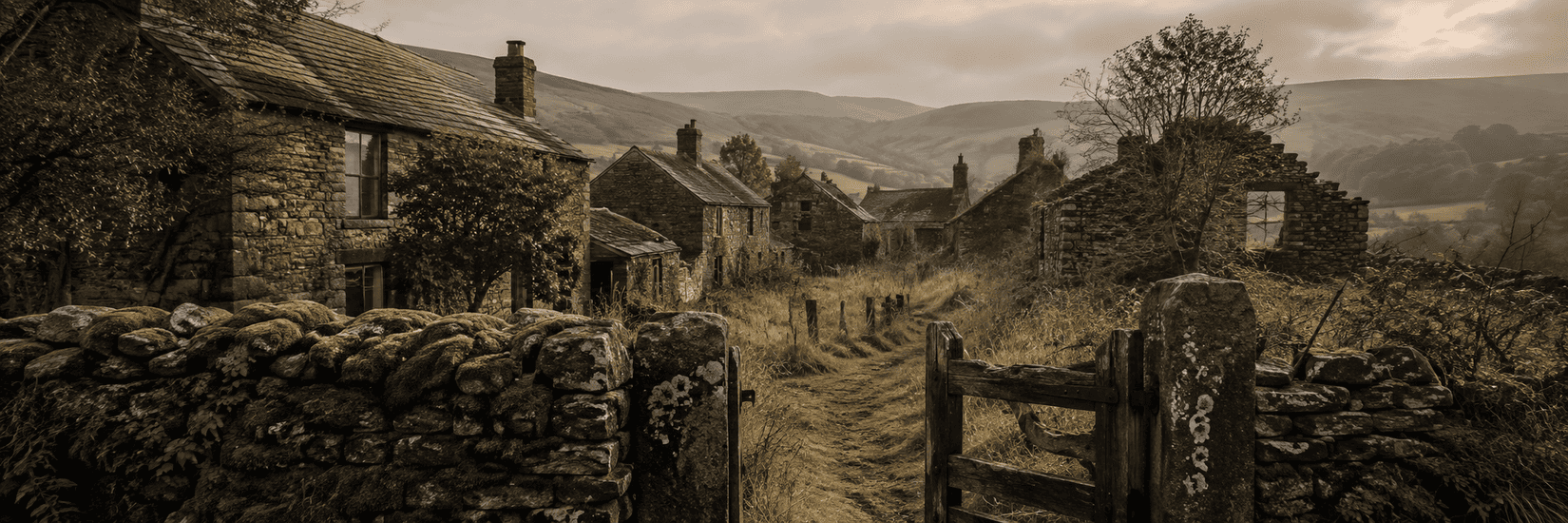 An overgrown path leads through an open wooden gate into a forgotten stone village, where abandoned cottages and crumbling walls stand beneath a quiet overcast sky, surrounded by rolling countryside.