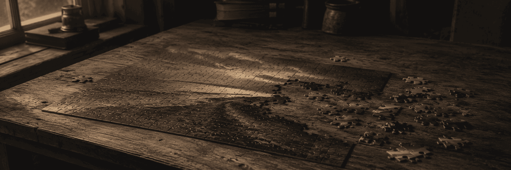 A half-finished jigsaw puzzle lies on an old wooden table in dim light, with scattered pieces waiting to be fitted into the picture.