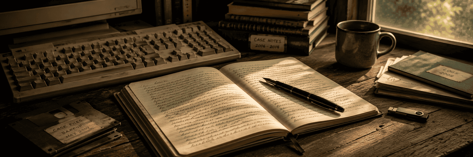Old computer keyboard beside a handwritten notebook and fountain pen on a wooden desk in warm afternoon light.