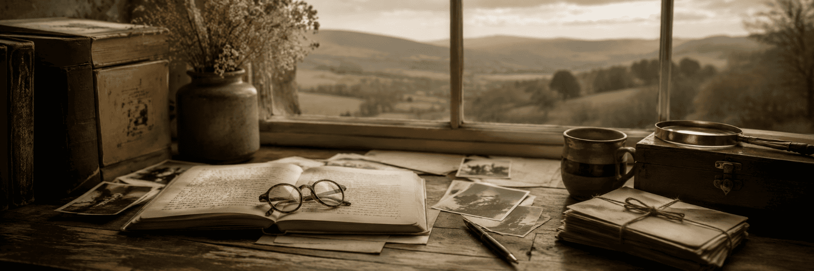 A timeless writer's desk beside a weathered window overlooking rolling countryside. An open journal, old photographs, handwritten letters, vintage books, a magnifying glass and a ceramic mug rest in soft natural light, evoking memory, reflection and the quiet traces ordinary lives leave behind.
