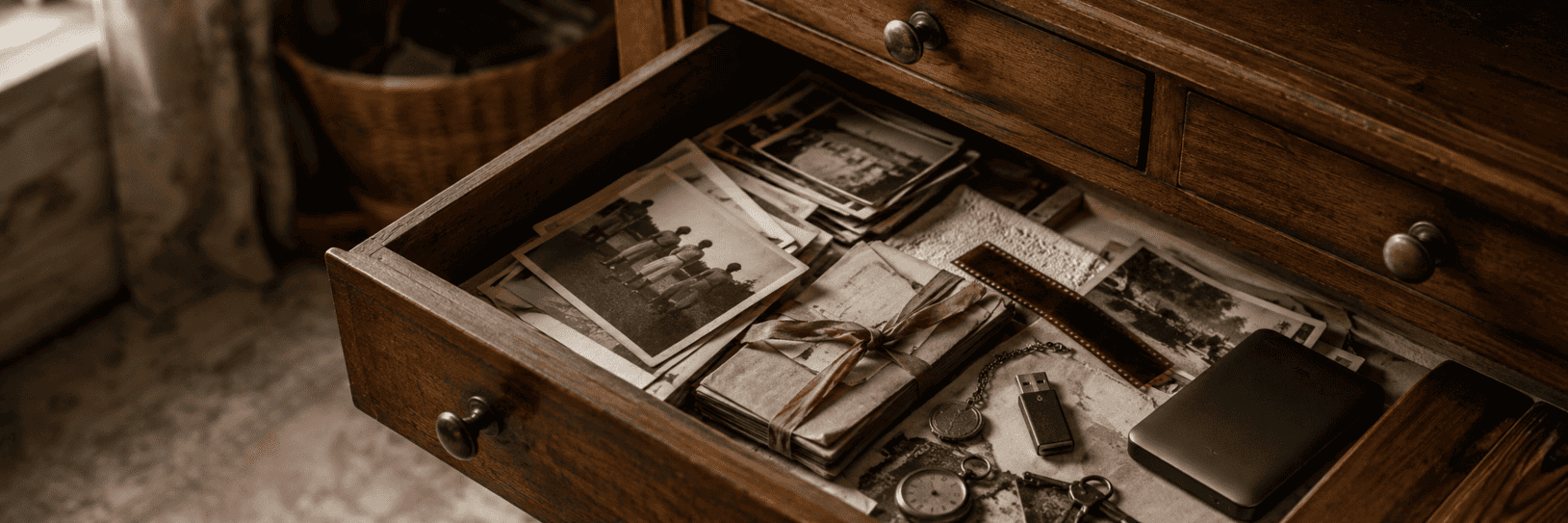 An open oak drawer holds faded family photographs, old letters, a film negative, a pocket watch, keys, a USB memory stick and an external SSD. Warm morning light falls across the collection, reflecting the connection between physical memories and the digital records that preserve our lives today.