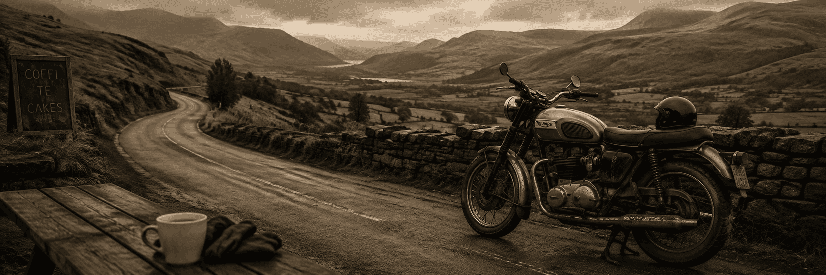 A weathered Triumph motorcycle beside a stone wall on a quiet North Wales road, with a coffee, riding gloves and misty mountains in the distance.