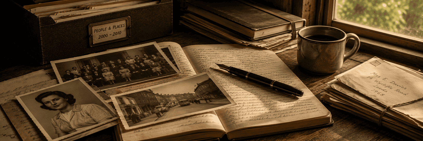 A wooden desk covered with old family photographs, handwritten notebooks, bundled letters and archive boxes beside a window, reflecting the memories, relationships and everyday lives preserved in personal archives.