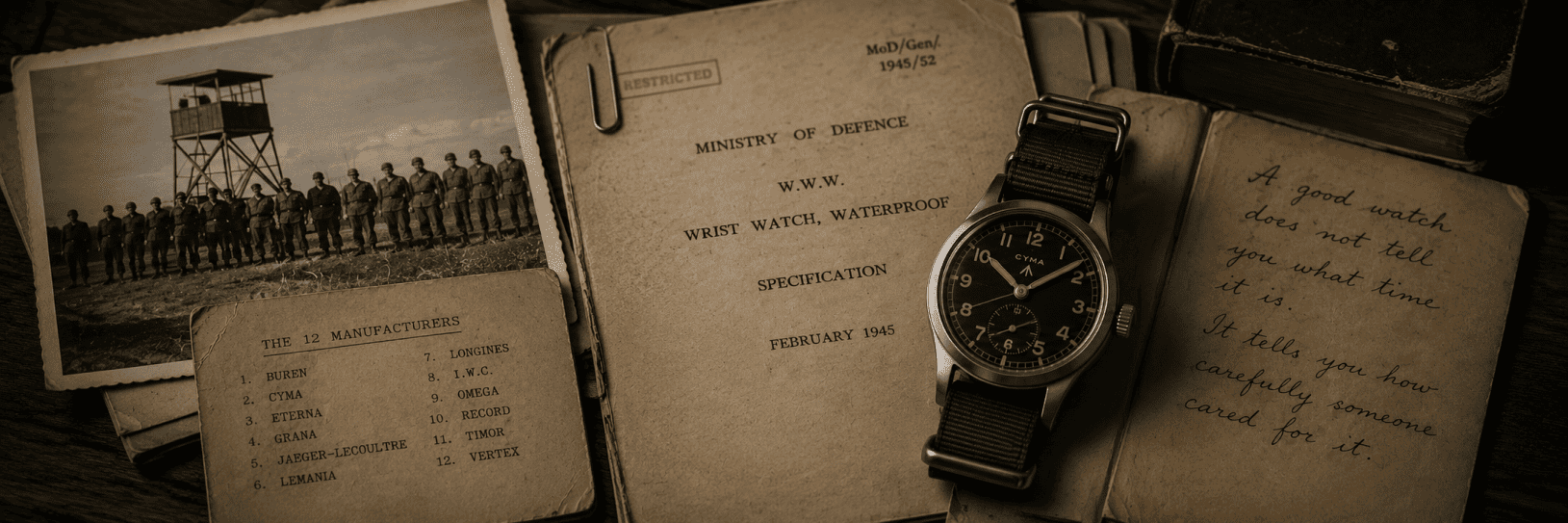 A vintage Cyma wristwatch rests on wartime Ministry of Defence papers marked 'W.W.W. Wrist Watch, Waterproof Specification', alongside an aged photograph, a list of the twelve 'Dirty Dozen' watch manufacturers and a handwritten note. Warm natural light and worn paper create the atmosphere of a carefully preserved archive.
