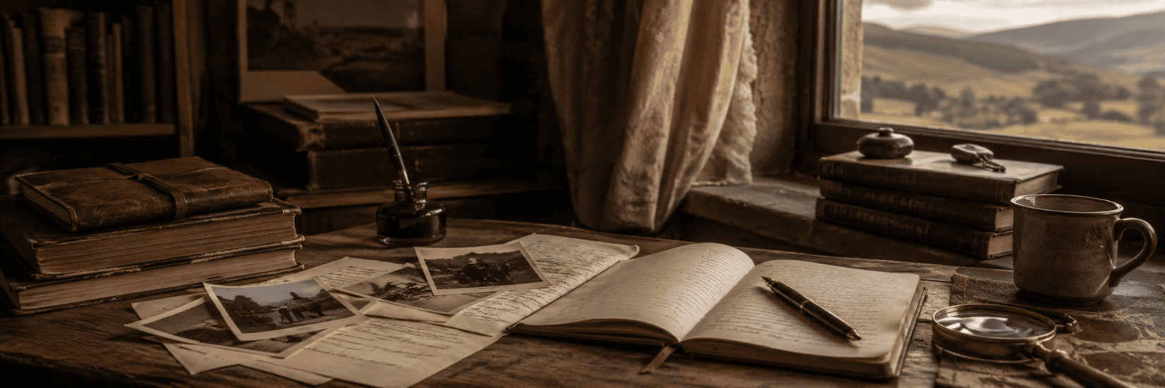 A weathered wooden desk with an open journal, old photographs, leather-bound books and a magnifying glass beside a window overlooking rolling Welsh hills in soft afternoon light, suggesting memory, archives and forgotten lives.