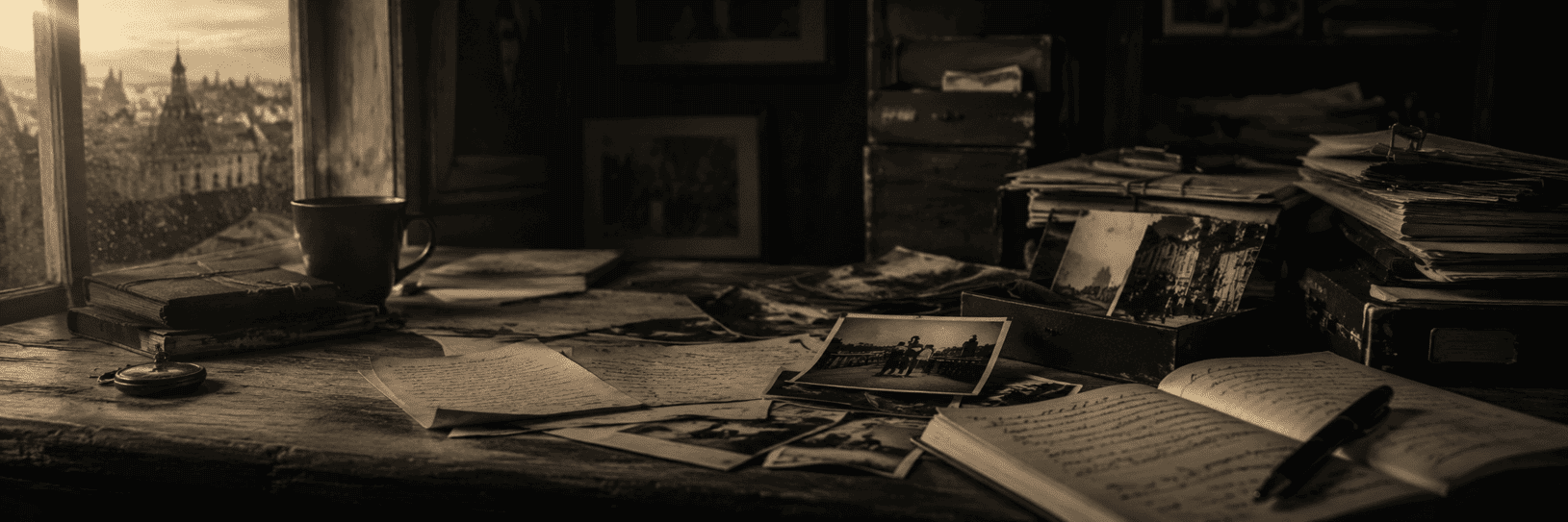 A wooden desk covered with old photographs, handwritten letters, notebooks and archive boxes beside a rain-speckled window, illuminated by warm evening light.