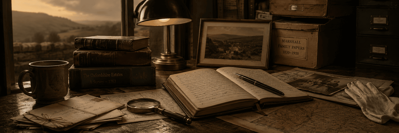 A quiet archive desk with old journals, maps, photographs and family papers beside a window overlooking rolling Welsh countryside in warm evening light.