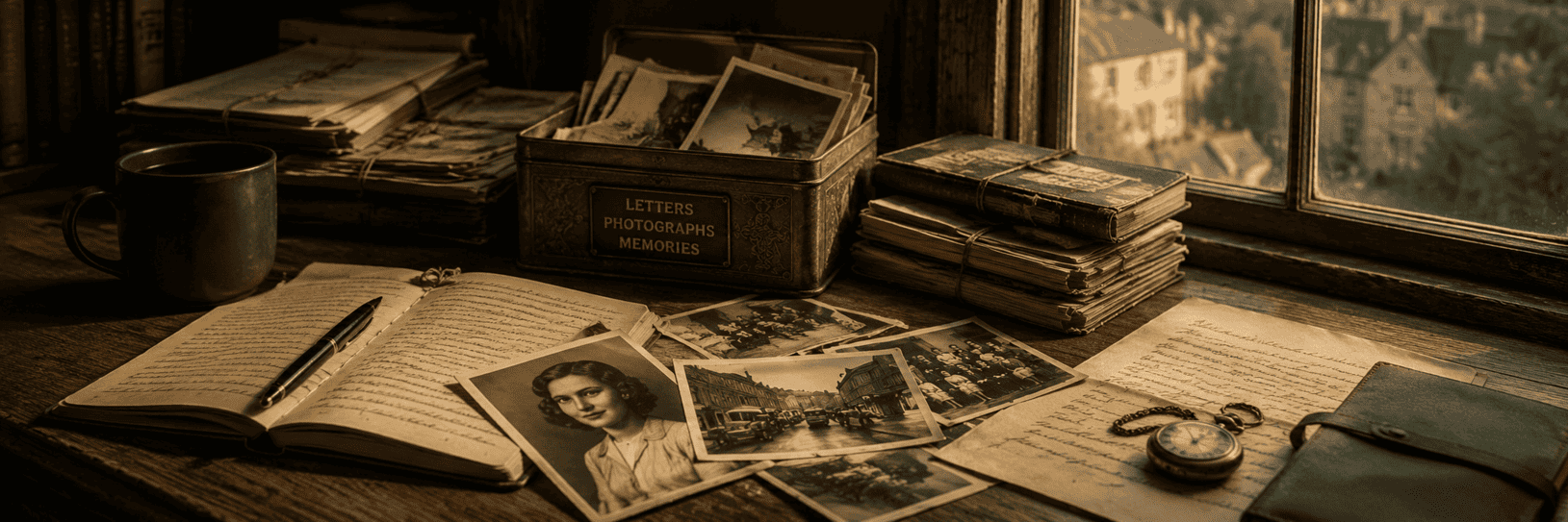 Old photographs, handwritten journals, letters and a pocket watch on a wooden desk beside a window, representing memory, family history and the keepsakes people preserve.