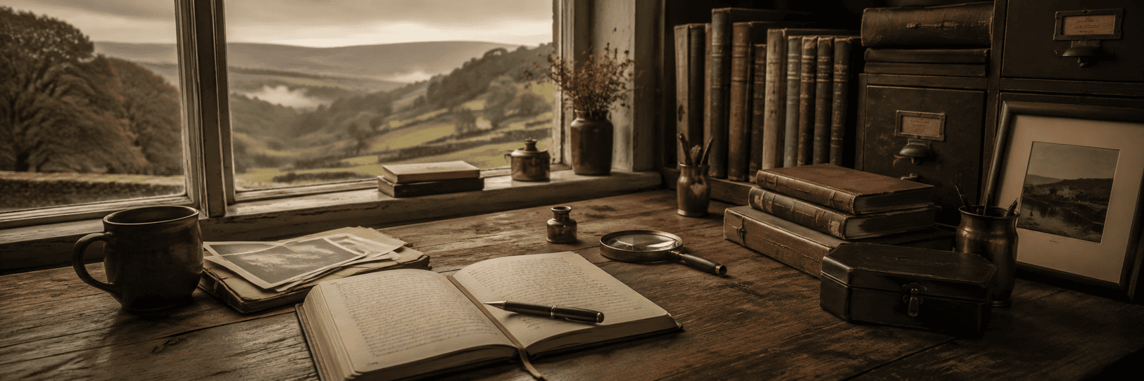 A weathered wooden writing desk beside a window overlooking mist-covered rolling countryside, with an open journal, fountain pen, old photographs, handwritten letters, antique books and a magnifying glass bathed in soft natural light, creating a quiet atmosphere of memory, history and thoughtful reflection.