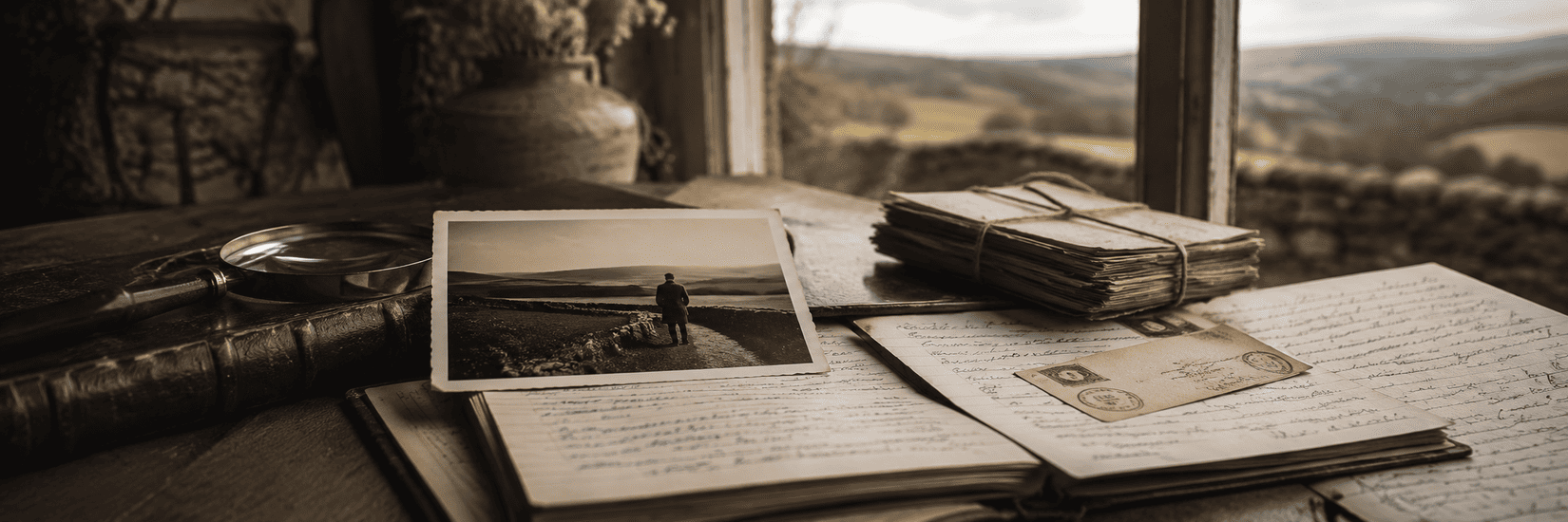 A weathered black-and-white photograph rests among handwritten records and old letters beside a country window, reflecting the uncertain boundary between memory and documented evidence.