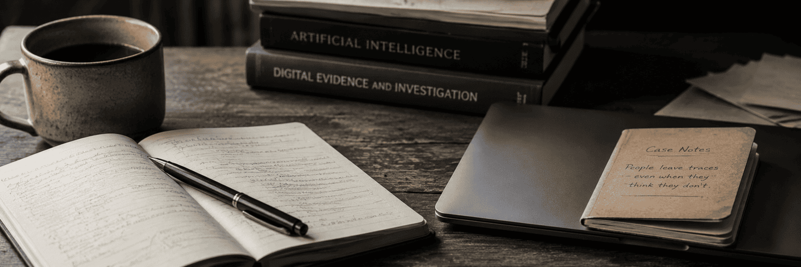 Open notebook titled 'Why I Investigate Computer Crimes' on a desk with a coffee mug, fountain pen, laptop and books on digital investigations and artificial intelligence.