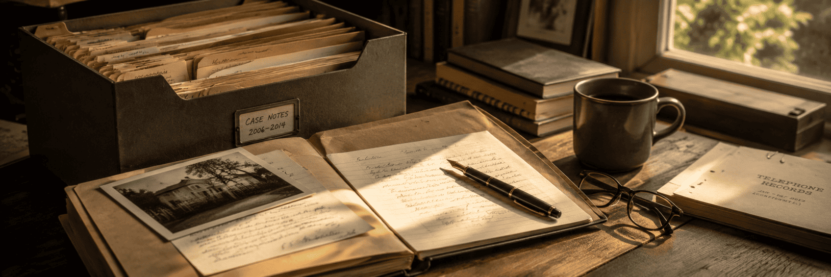 Archive box containing documents, letters and photographs waiting to be examined.