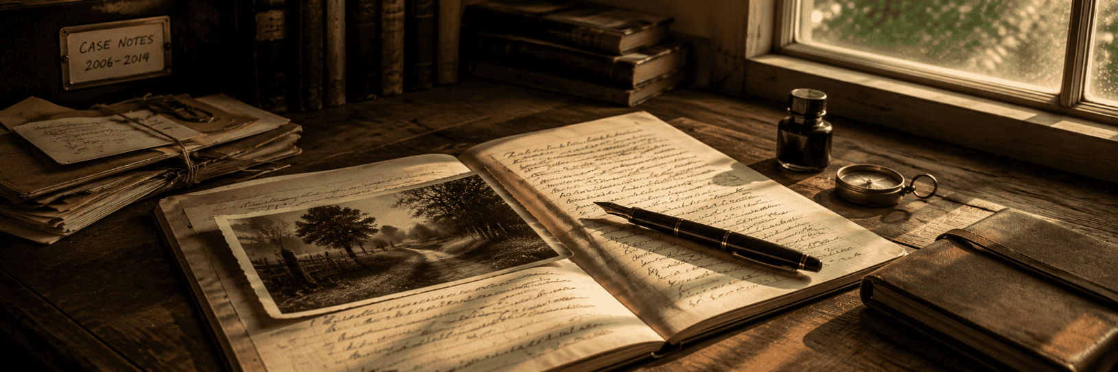 Old photograph, handwritten notebook and fountain pen on a wooden desk in warm afternoon light.