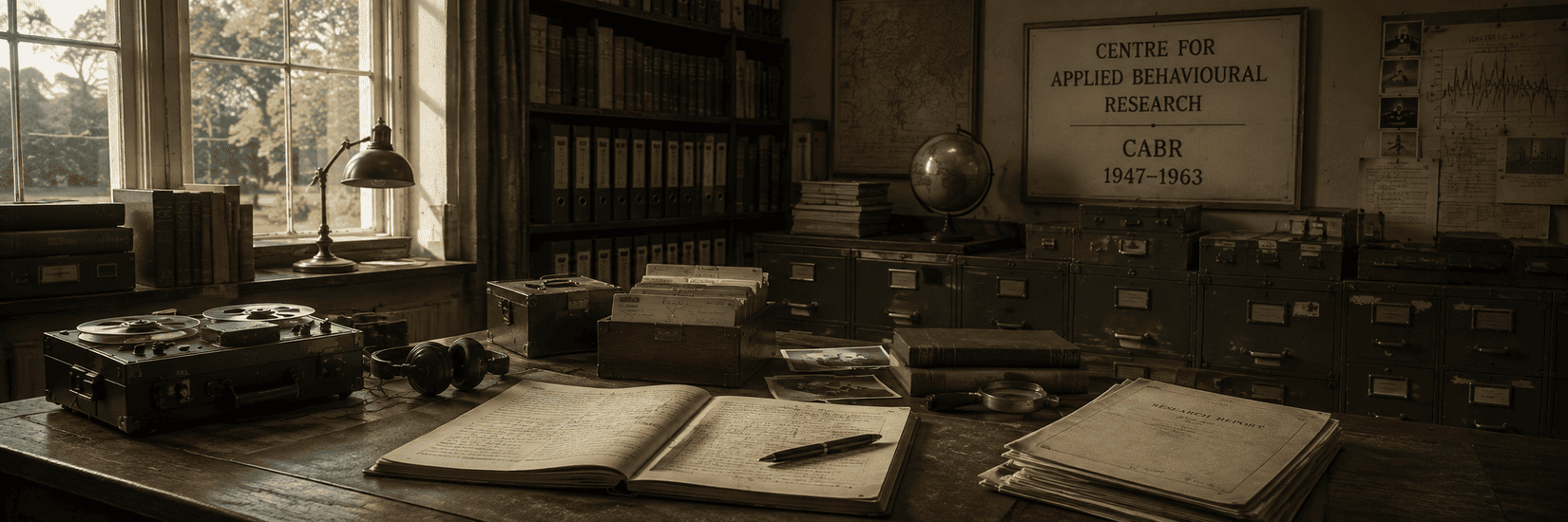 Centre for Applied Behavioural Research archive room, with recording equipment, research files, handwritten notes and photographs surrounded by bookshelves and filing cabinets.