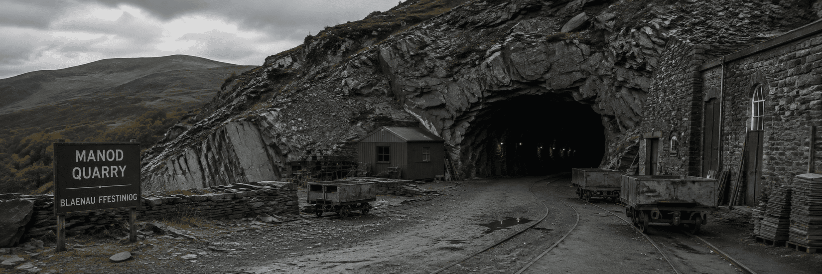 The entrance to Manod Quarry above Blaenau Ffestiniog, with slate cliffs, narrow-gauge tracks, mine carts and weathered industrial buildings beneath overcast skies, reflecting its wartime role in protecting the National Gallery's paintings underground.