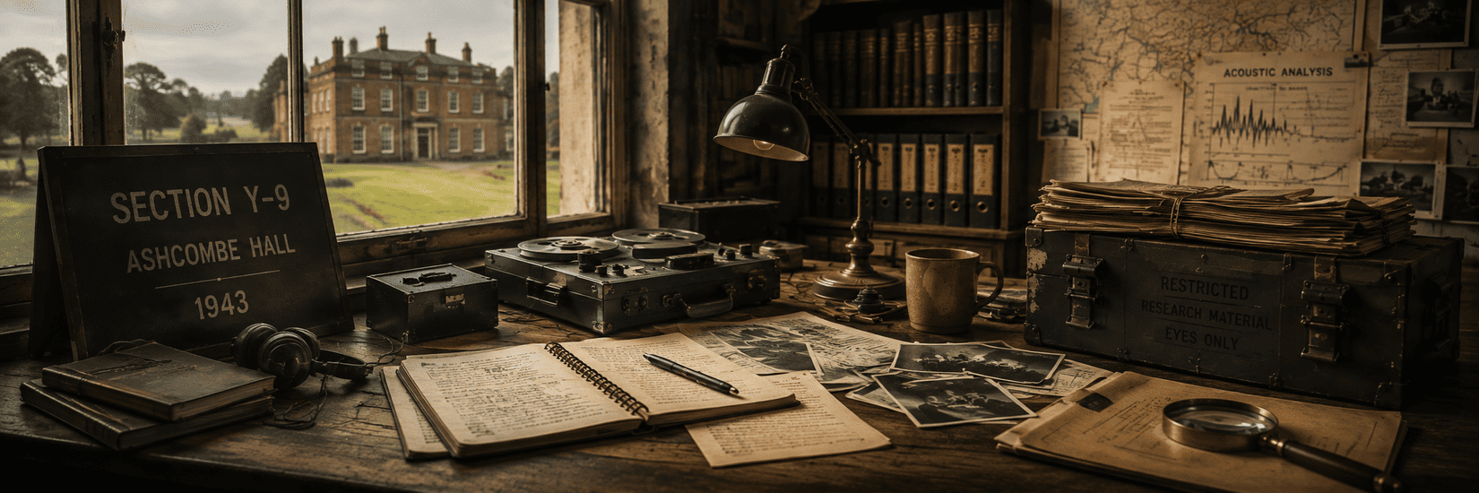Wartime Section Y-9 research room at Ashcombe Hall, with reel-to-reel recording equipment, headphones, handwritten notes and photographs arranged across a worn wooden desk.